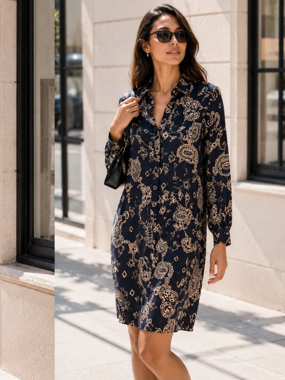 Vintage Liz Claiborne Silk Paisley Dress Black Ivory Belted Shirt Style Dress - Picture 2 of 10